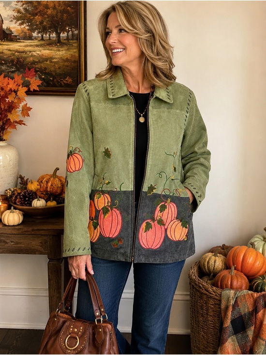 Quacker Factory Jackets & Blazers - Quacker Factory Green Suede Pumpkin Embroidered Leather Jacket